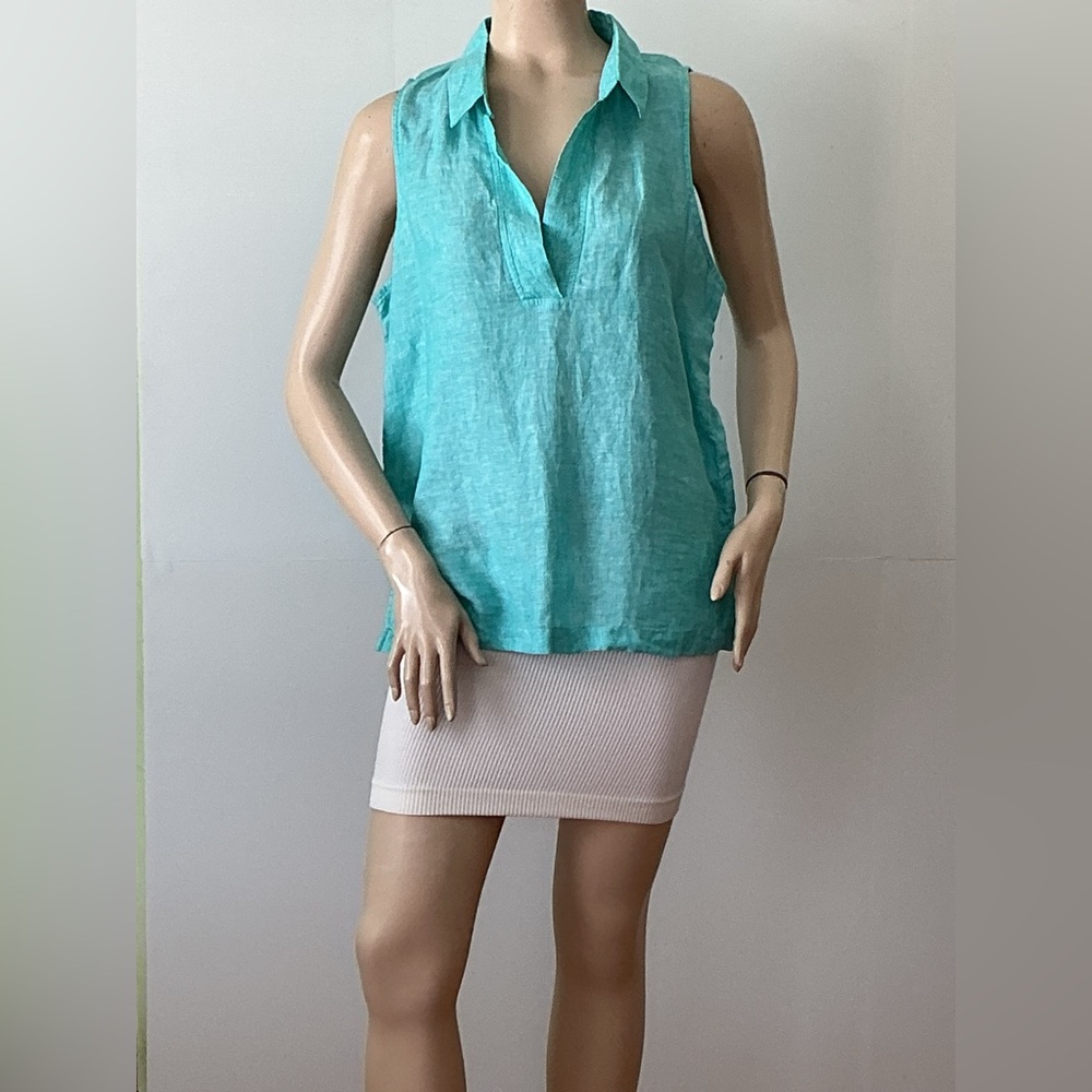 JNY Jones New York Sz. Large Aqua Sleeveless 100% Linen Top
